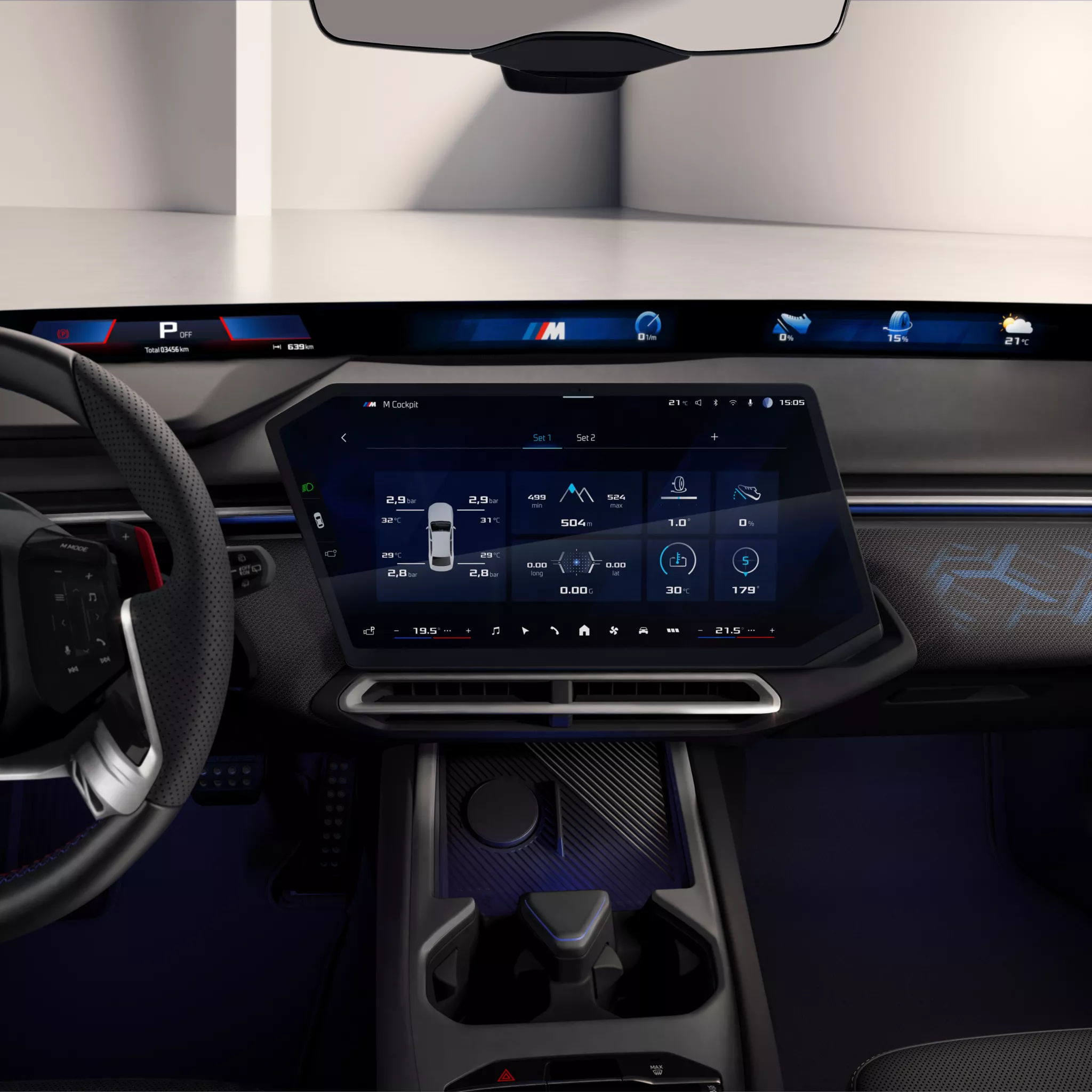 A BMW műszerfalának központi kijelzőjén a BMW M Apps látható.